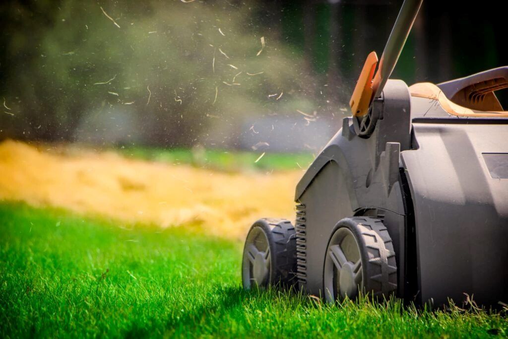 Lawn aerator in action on green grass, demonstrating how proper timing improves lawn growth and vitality