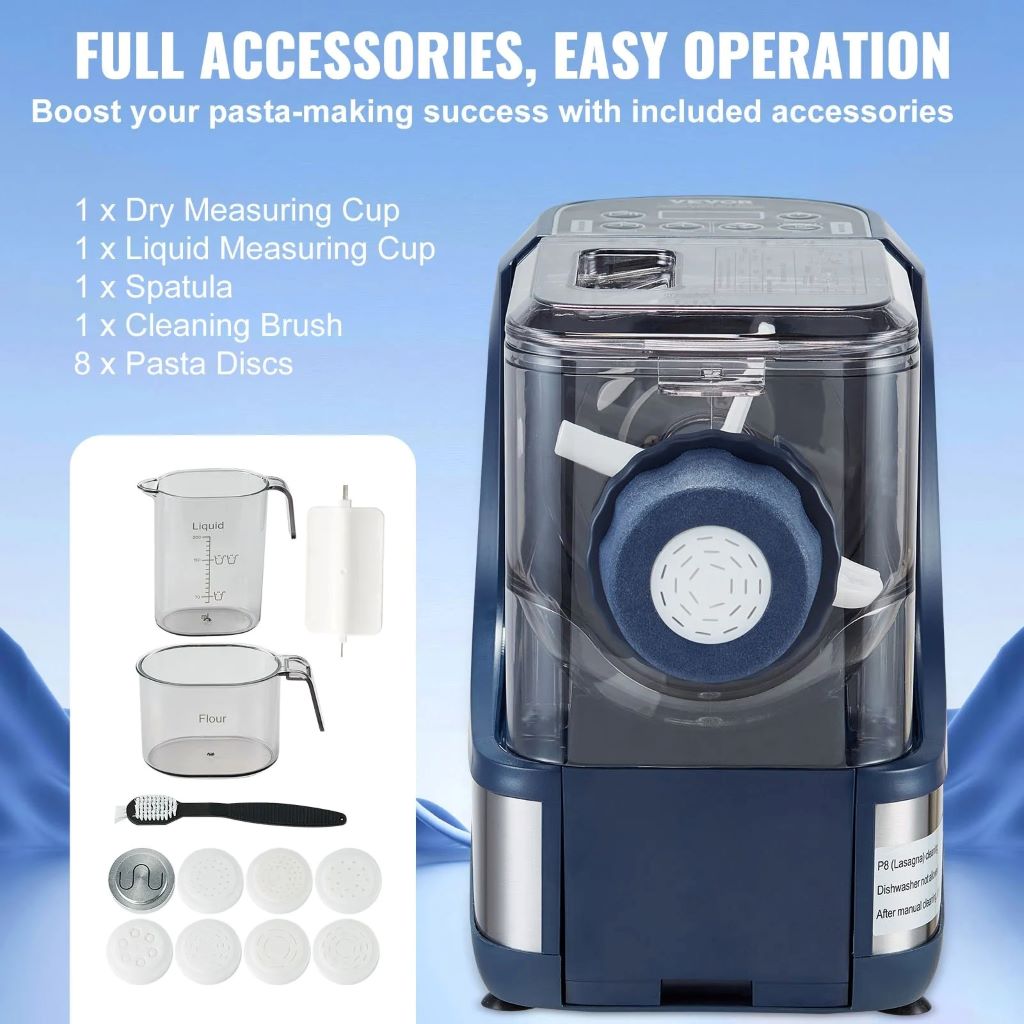 Close-up of fresh noodles being extruded from VEVOR pasta maker.