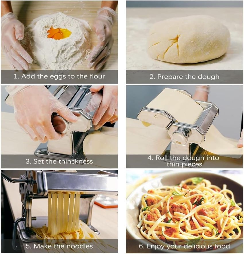 Fresh pasta being rolled through the MZTOGR pasta maker during a beginner-friendly review.