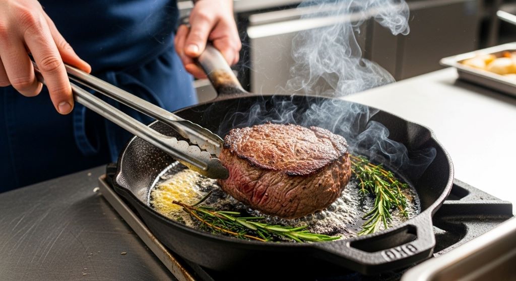 Chef searing beef tenderloin steak in cast iron skillet with butter and fresh herbs