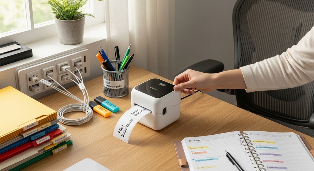 Portable printer printing shipping label on desk
