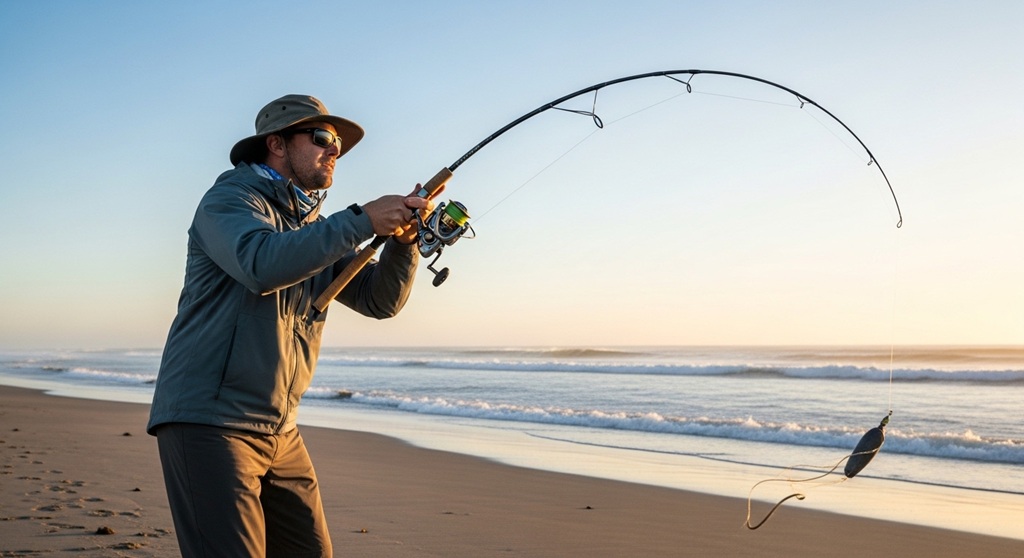 Correct stance and body rotation for long distance casting in surf fishing