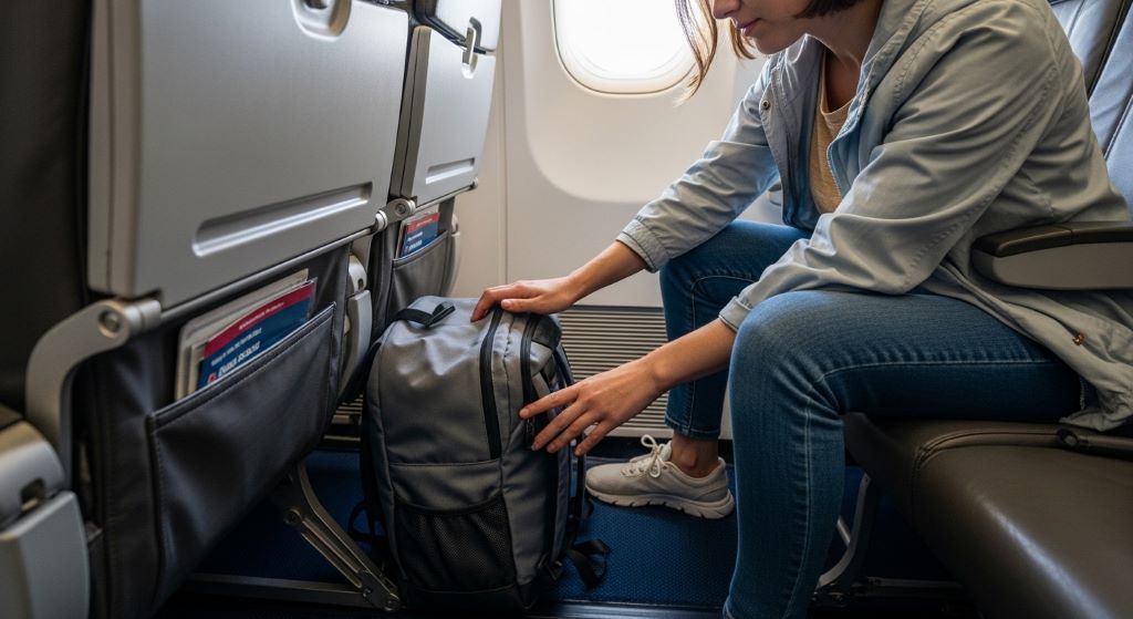 A traveler placing a small backpack under an airplane seat, demonstrating the correct size for a budget airline personal item allowance