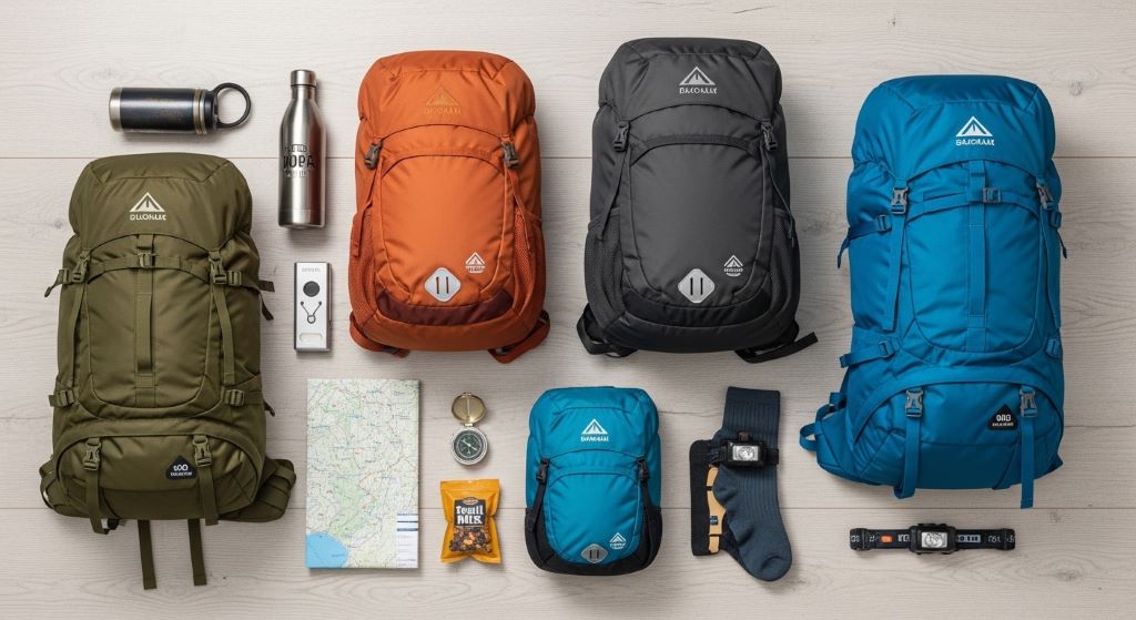 A flat lay of affordable backpacks in different sizes and colors arranged on a wooden surface alongside hiking essentials like a water bottle, trail map, and compass