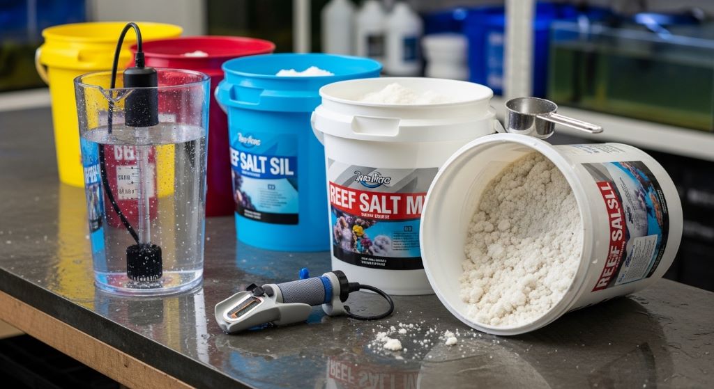 Buckets of reef aquarium salt mix next to a refractometer and mixing container, representing the process of preparing saltwater for a coral tank