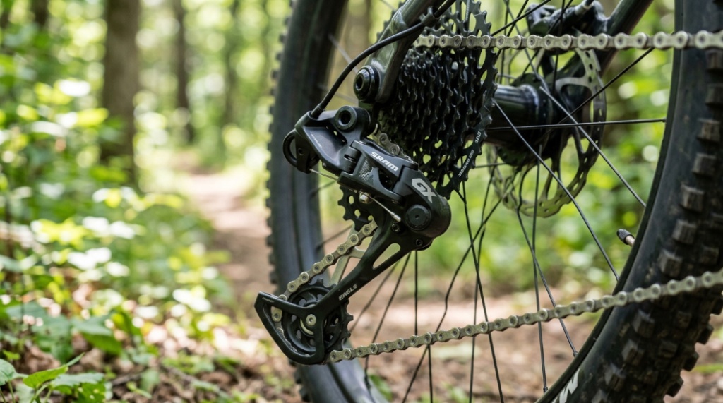 Close-up of gear shifters and handlebars on a budget mountain bike covered in light trail mud.
