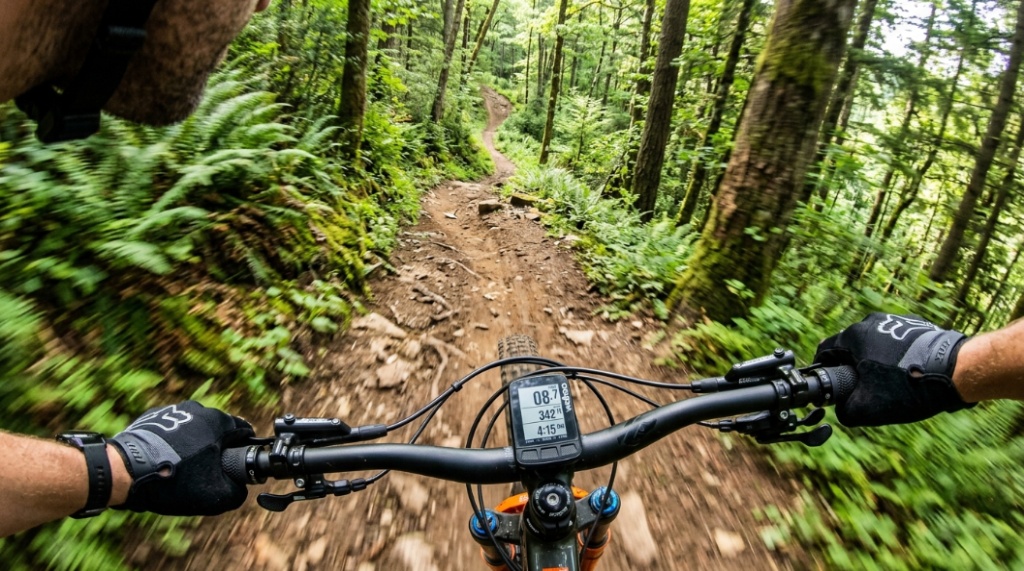 Close-up of gear shifters and handlebars on a budget mountain bike covered in light trail mud.