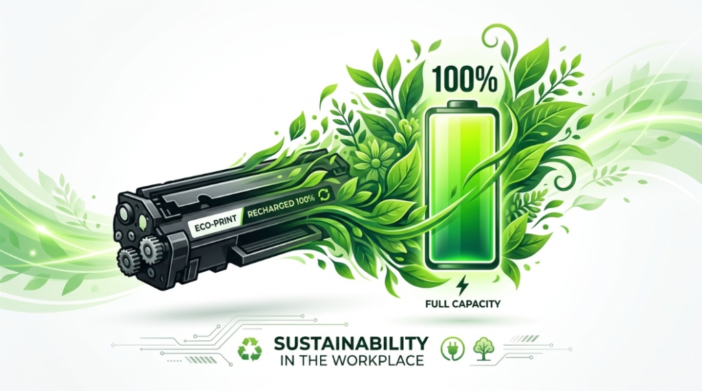 A concept image of an efficient printer toner cartridge symbolizing long-lasting life and sustainability.