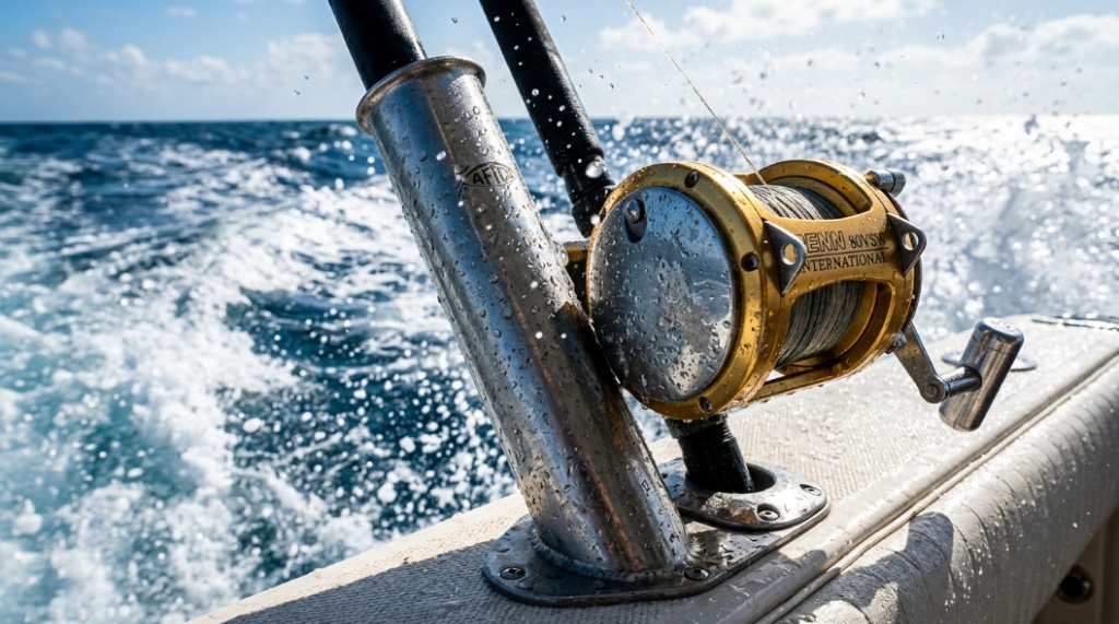 Aerial view of a trolling spread showing a V-pattern layout of fishing lines behind a boat in deep blue water.