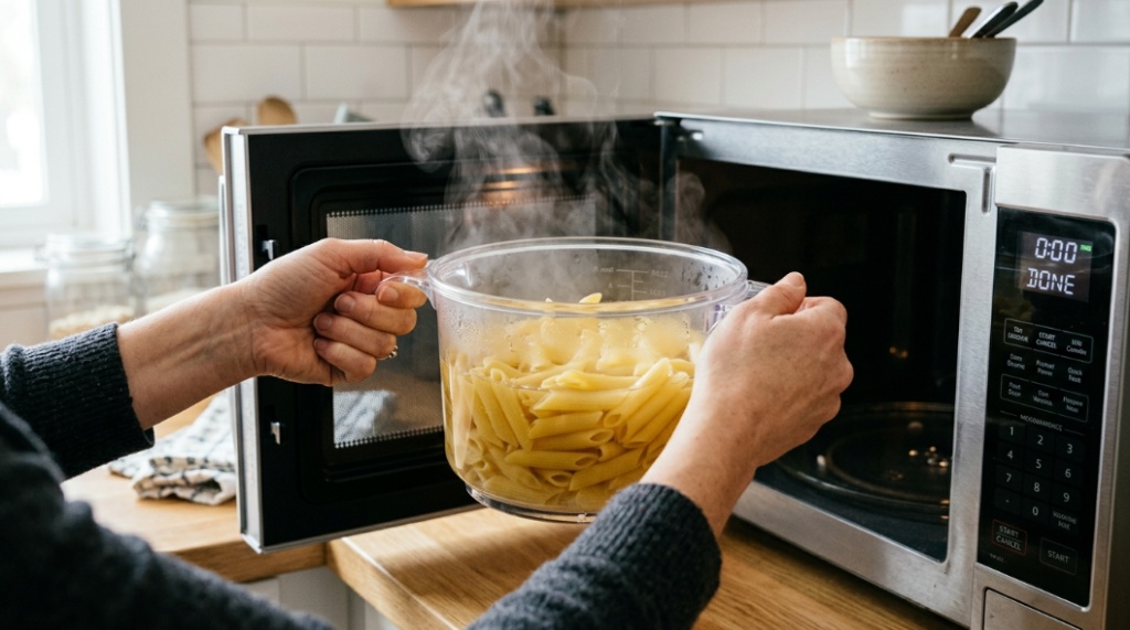 Hands pulling a steaming microwave pasta cooker filled with cooked penne pasta out of a microwave.