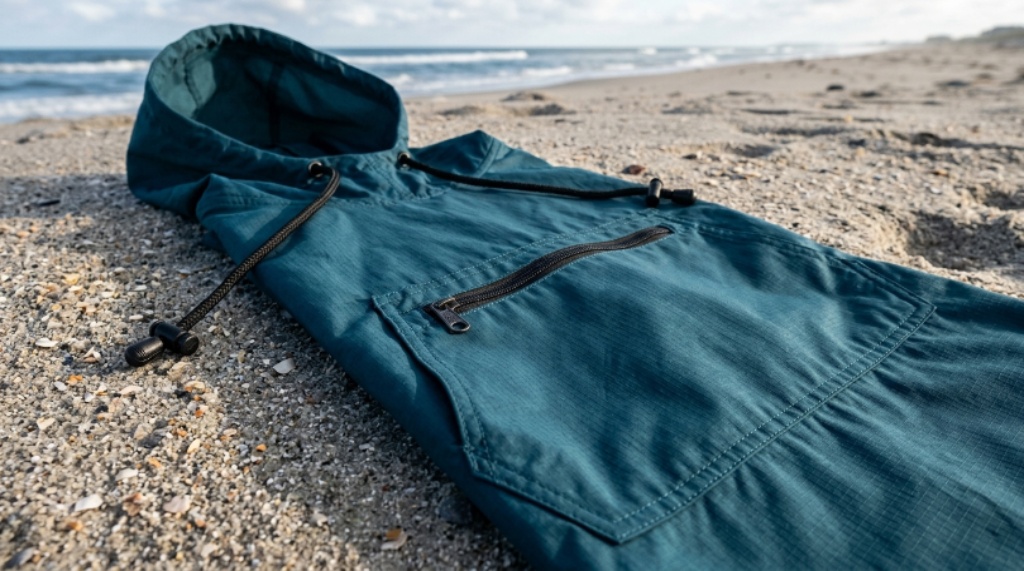 Close-up of a quick-dry poncho hood and kangaroo pocket laid flat on a sandy beach