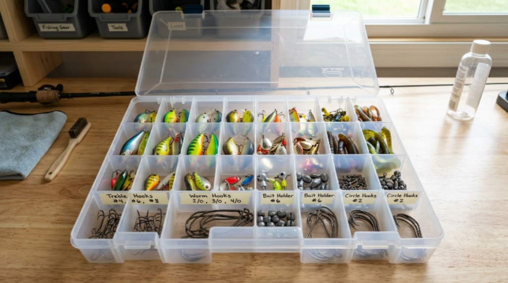 A clean tackle box with sorted lures and hooks as part of a home cleaning and decluttering project for fishing accessories