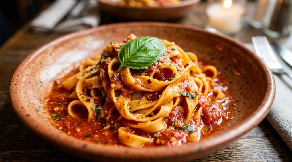 Close up of restaurant style tagliatelle pasta with marinara sauce and basil in a ceramic bowl.