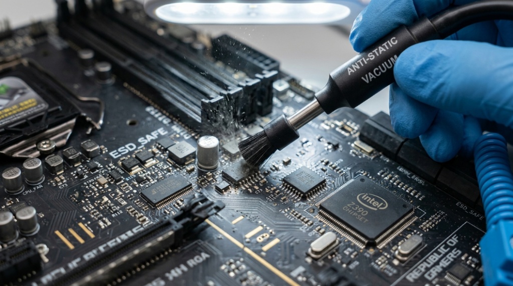 Close-up of anti-static vacuum brush head removing dust from circuit boards