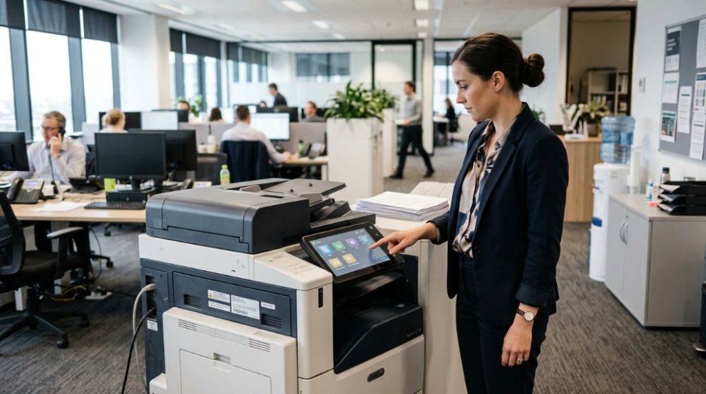 Modern office printer with text overlay on how to make toner cartridges last longer in busy workplaces.