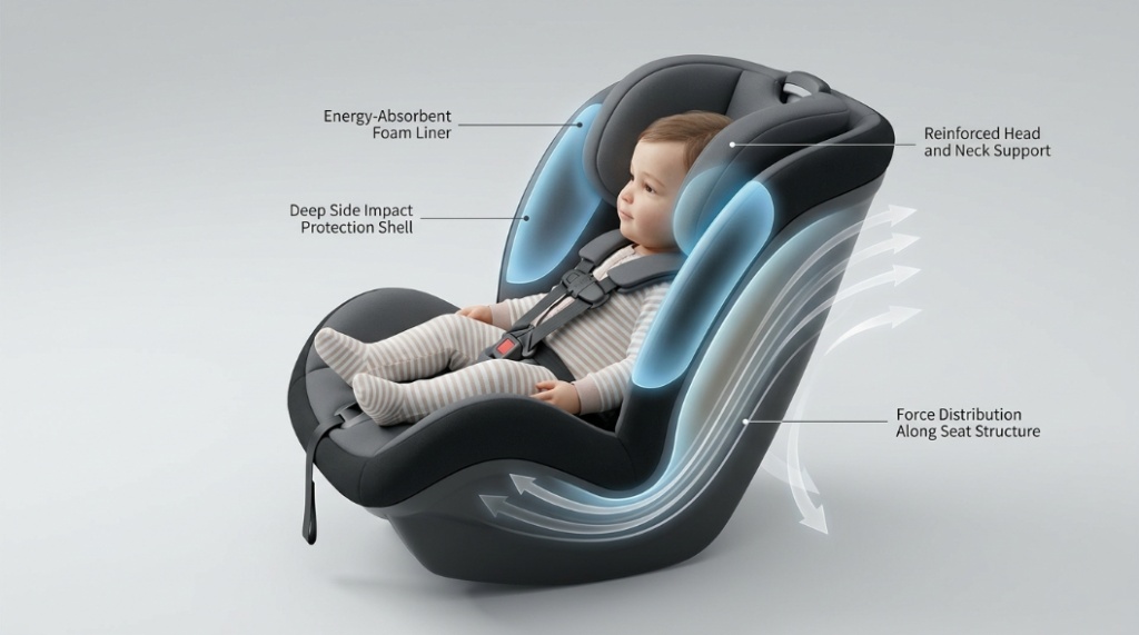 A 3D diagram showing how a rear facing car seat protects a childs spine.