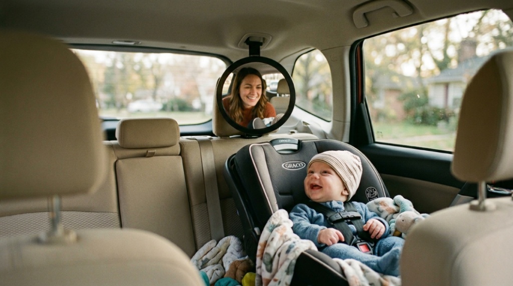 A mother smiling at her baby buckled safely into a backseat car seat.