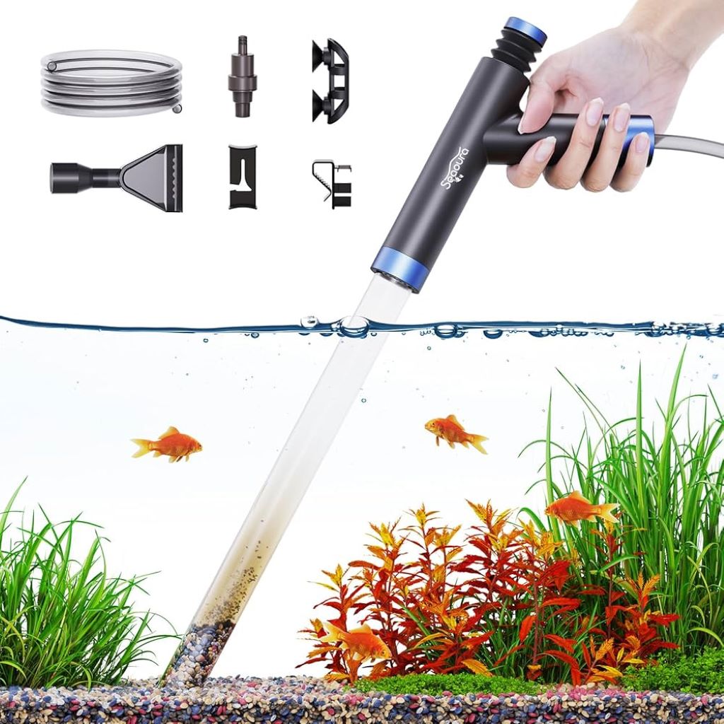 Fish tank owner using a gravel vacuum during routine aquarium maintenance.