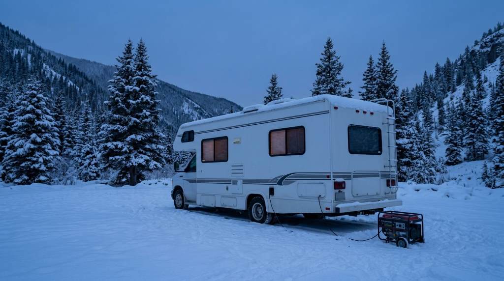 Winter RV camping setup with insulated windows
