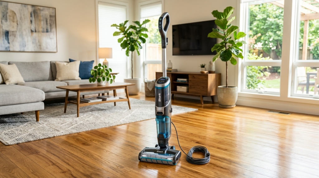 A person using a Shark cleaner to wash durable tile flooring near a rug.