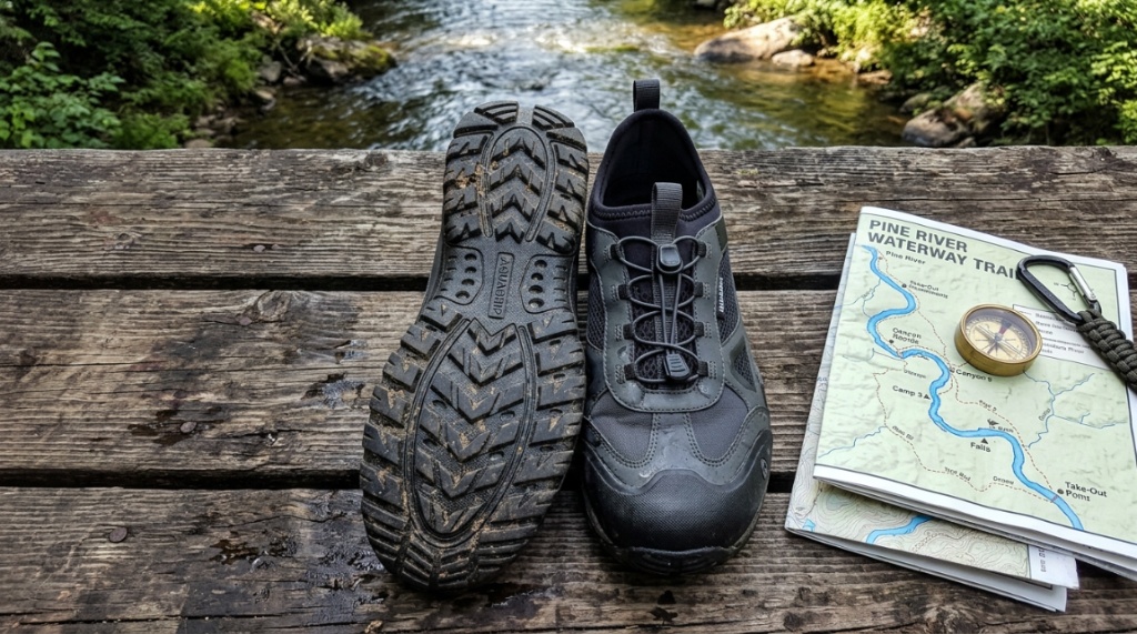 Heavy-duty water shoes displaying reinforced toe caps and thick rubber outsoles.