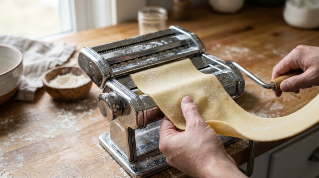 Hands feeding fresh dough through a manual pasta maker rollers.