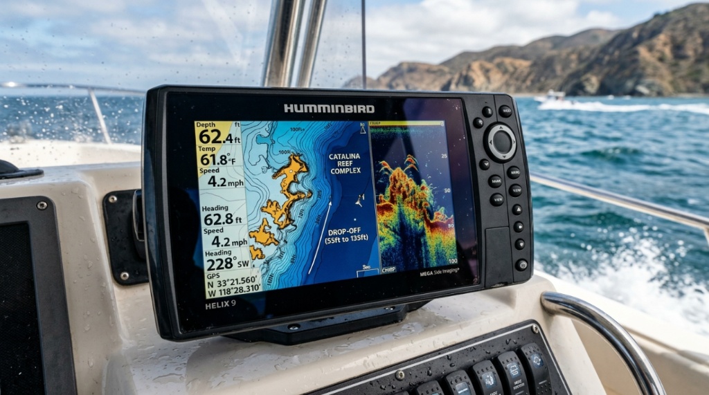 Close-up of marine electronics screen mapping ocean floor contours.