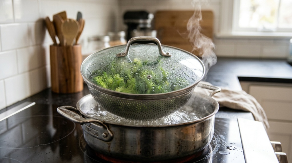 Stainless steel steamer basket with fresh green broccoli inside boiling pot.