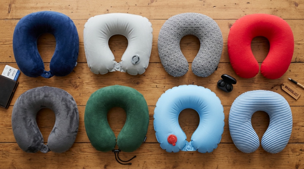 Assorted travel neck pillows displayed on a wooden surface for comparison.