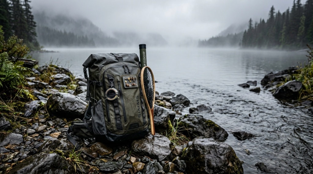 Angler opening a waterproof fishing backpack showing organized dry gear inside.