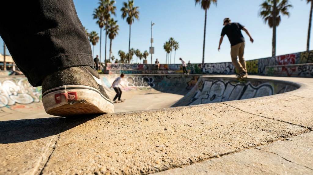 Skater landing on concrete at a Los Angeles skate park