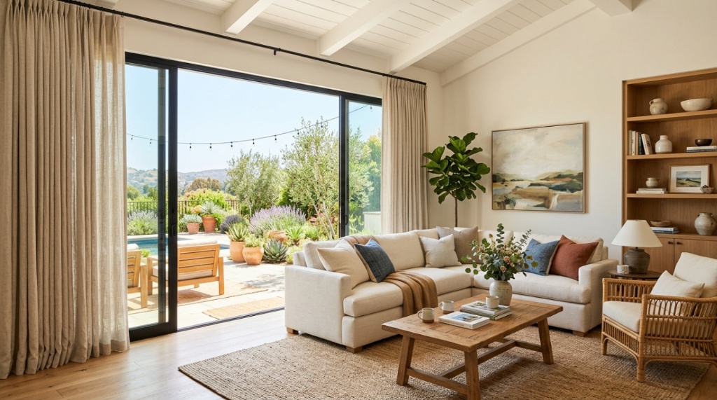 Hands sliding open sheer white floor-to-ceiling drapery panels.